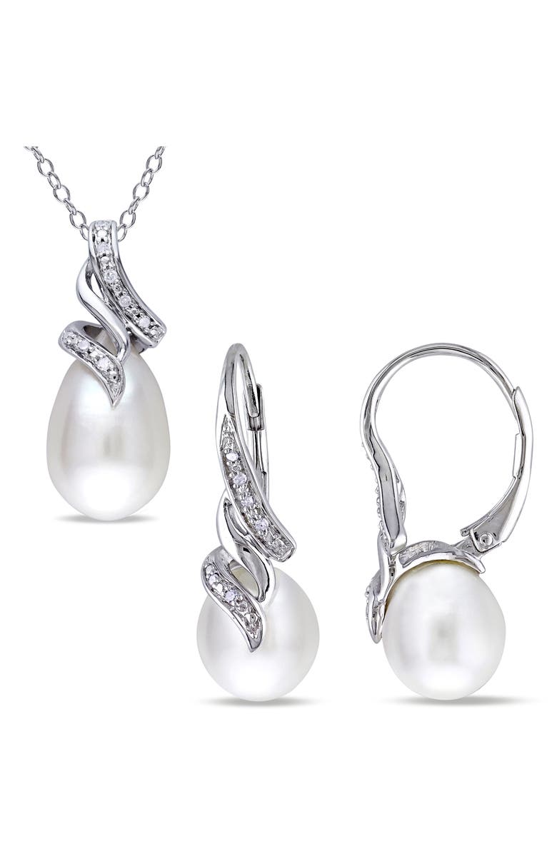 DELMAR Cultured Freshwater Pearl & Diamond Necklace & Drop Earrings Set - 0.09ct., Main, color, White