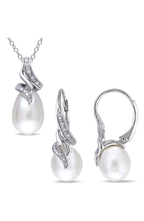 Cultured Freshwater Pearl & Diamond Necklace & Drop Earrings Set - 0.09ct.