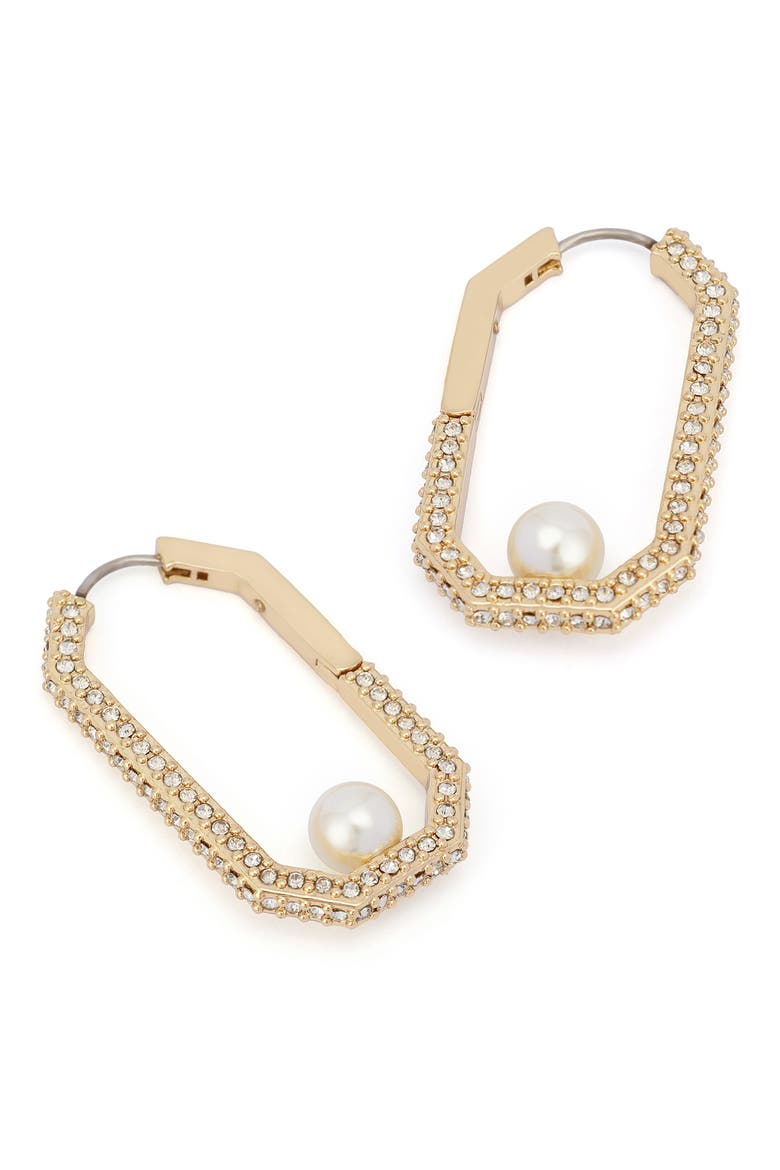 Pavé & Faux Pearl Hexagonal Hoop Earrings, Alternate, color, PEARL/ GOLD