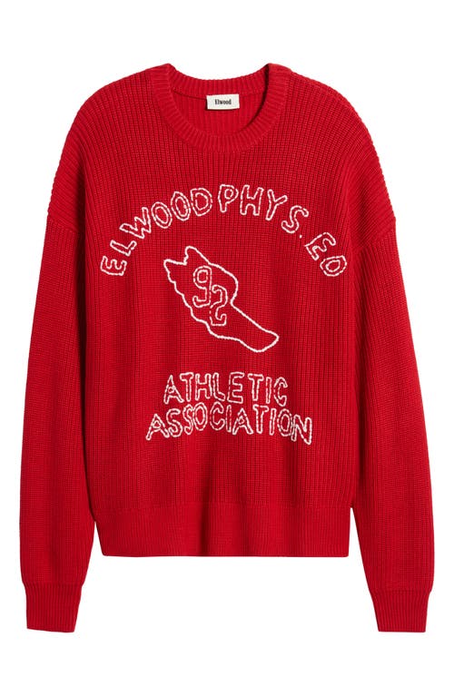 Elwood School Spirit Embroidered Graphic Crewneck Sweater In Fire Truck
