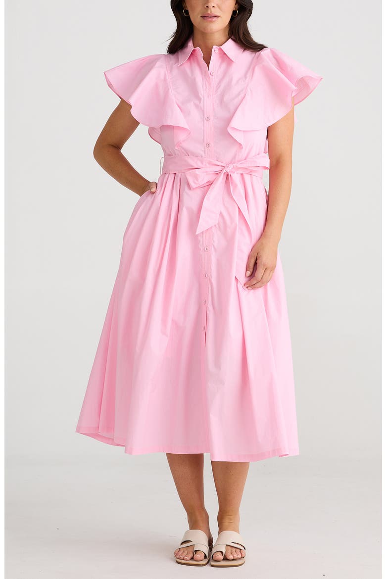 Marigold Ruffle Sleeve Cotton Midi Shirtdress, Alternate, color, PINK