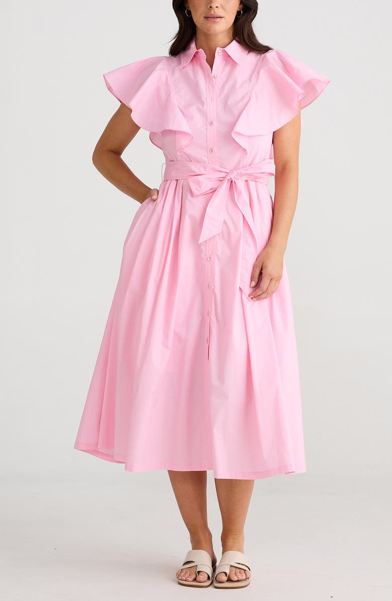 Brave+True Marigold Ruffle Sleeve Cotton Midi Shirtdress, Alternate, color, Pink
