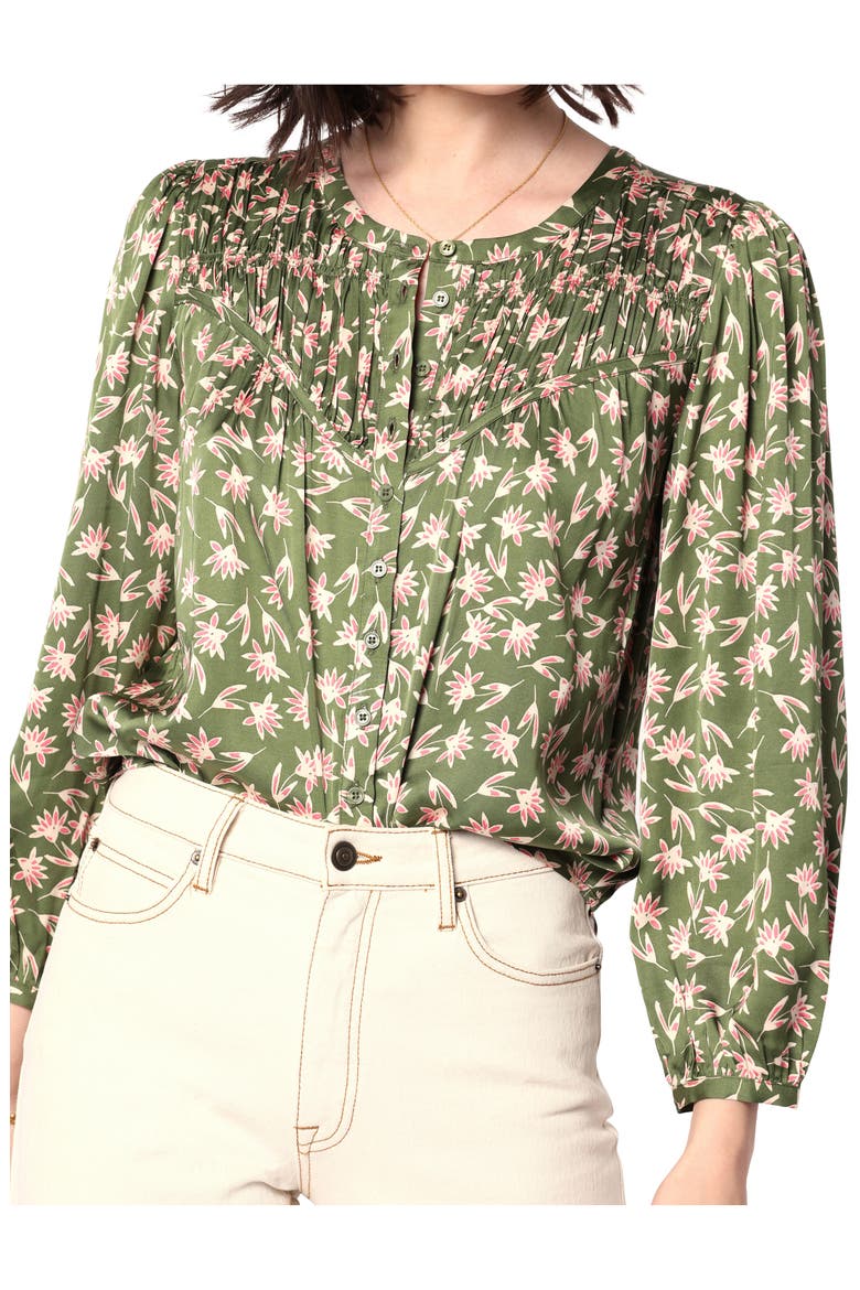 Fanning Floral Print Lace-Up Blouse, Alternate, color, LODEN GREEN MULTI
