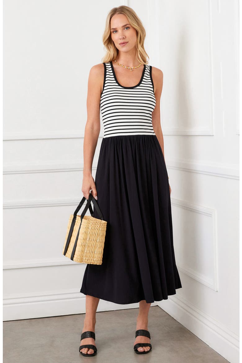 Stripe Sleeveless Midi Dress, Alternate, color, IVORY W/ BLACK