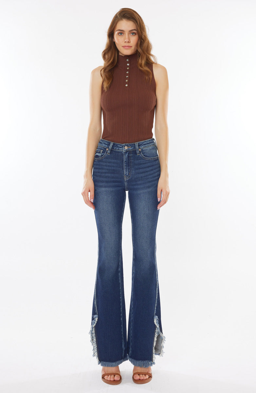 Kancan High Rise Hem Detail Boot Cut Jean In Dark Stone Wash In Blue