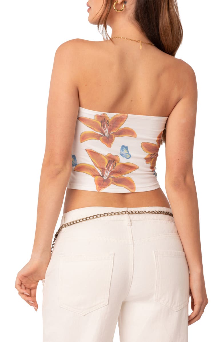 EDIKTED Tiger Lily Print Cotton Tube Top, Alternate, color, White