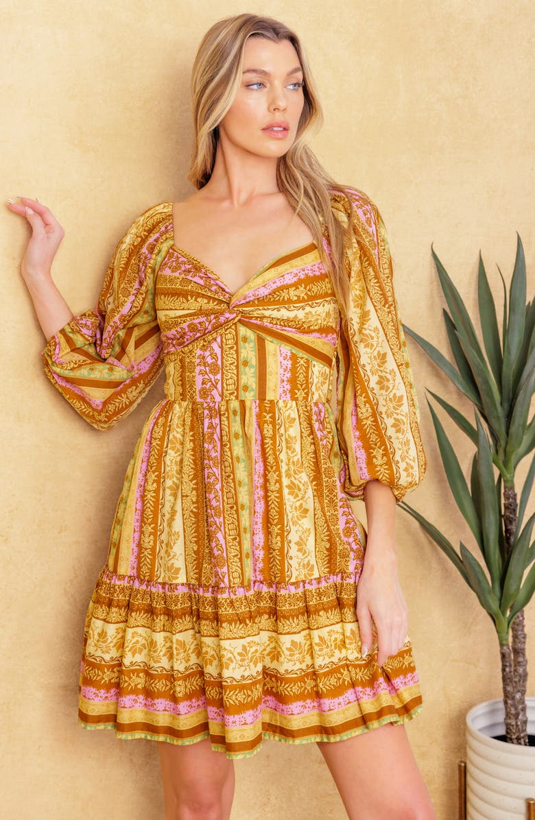 FLYING TOMATO Puff Sleeve Print Minidress, Alternate, color, Brown Lavender