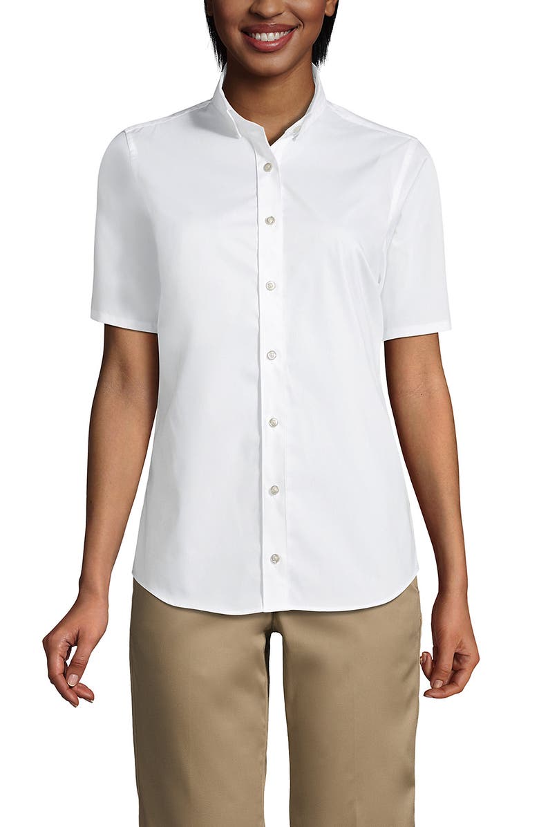 Lands' End School Uniform No Gape Short Sleeve Stretch Shirt, Main, color, Pearl White
