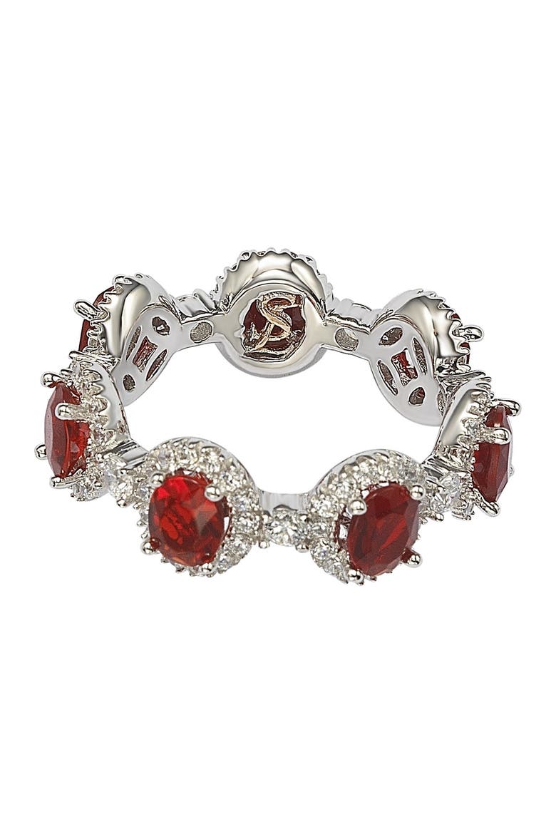 Sterling Silver Prong Set Red CZ & Pave Halo Station Eternity Band Ring, Alternate, color, RED