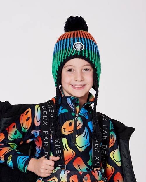 Deux Par Deux Lined Peruvian Knit Winter Hat With Pompom Multicolor In Blue