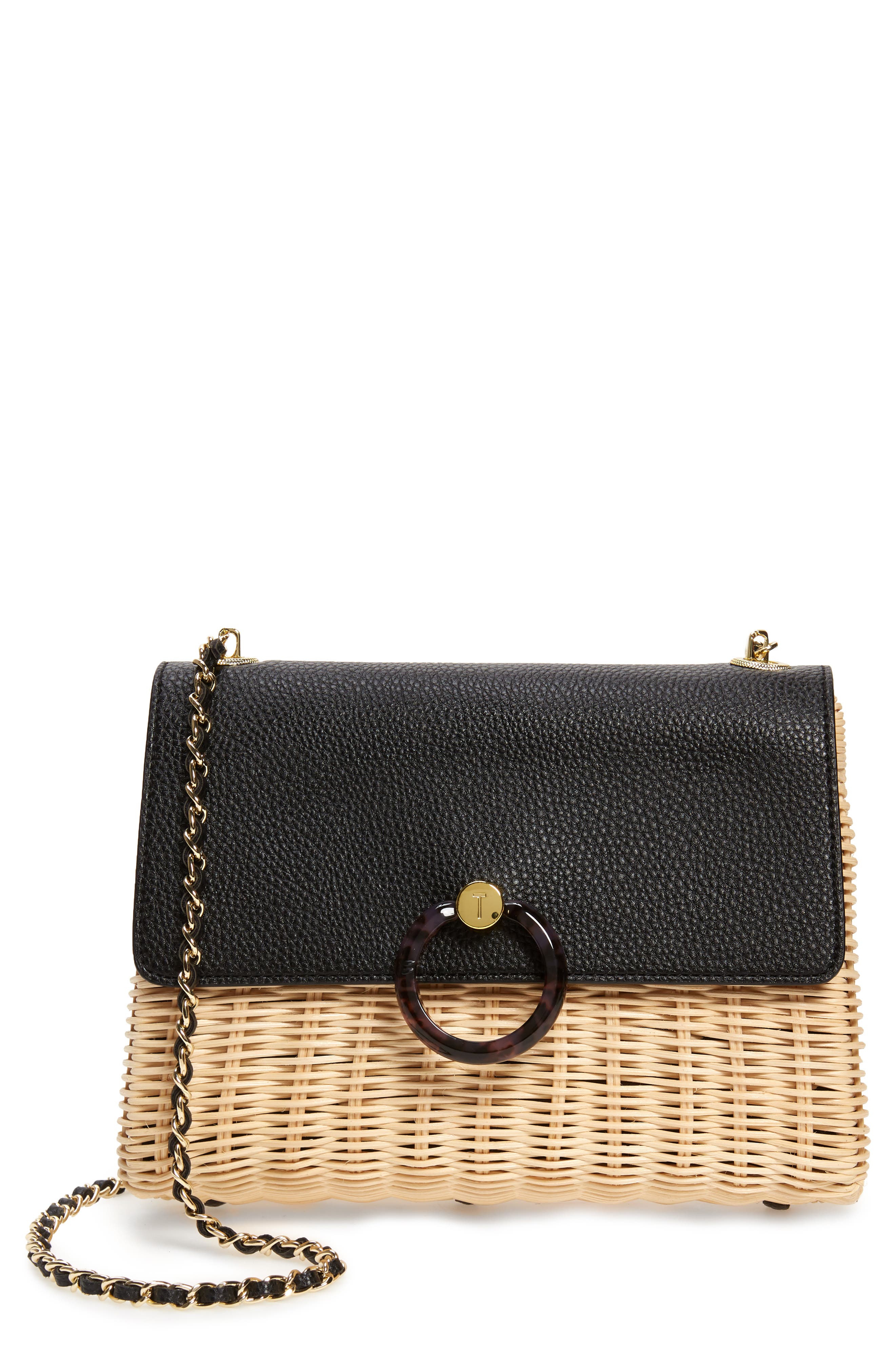 Ted Baker London Janiya Faux Leather & Woven Rattan Crossbody Bag, Main, color, 