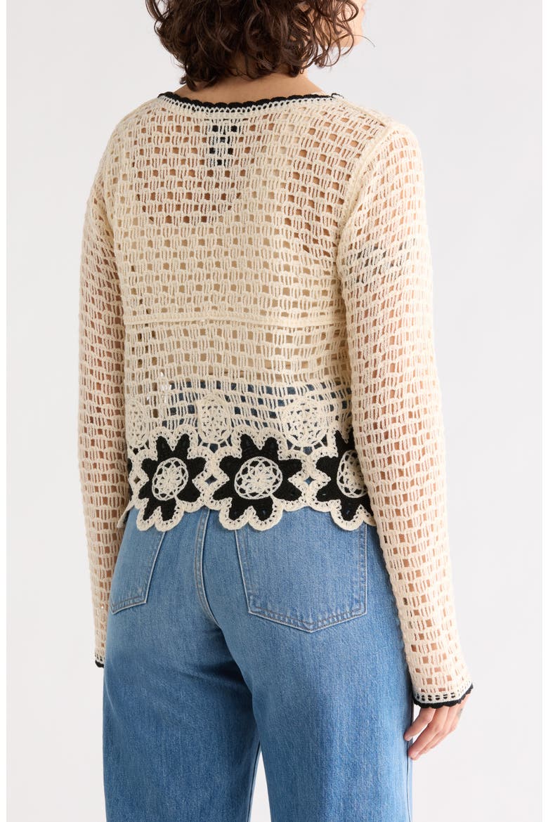 Scallop Trim Crochet Sweater, Alternate, color, NATURAL/ BLACK
