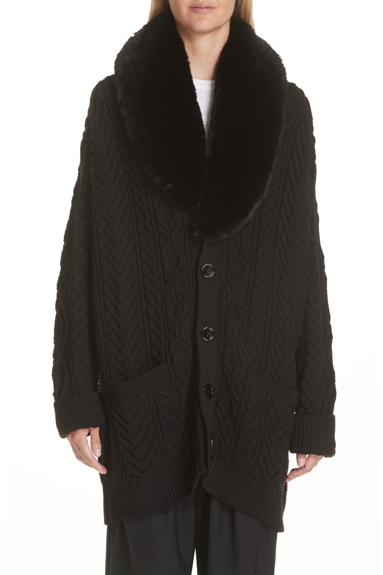Wool Cardigan with Removable Faux Fur Collar, Alternate, color, BLACK