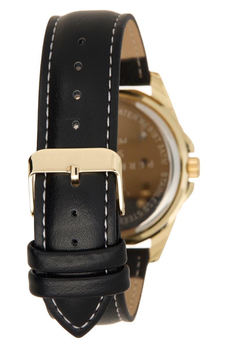Perry Ellis Solar Faux Leather Strap Watch, 42mm, Alternate, color, Gold