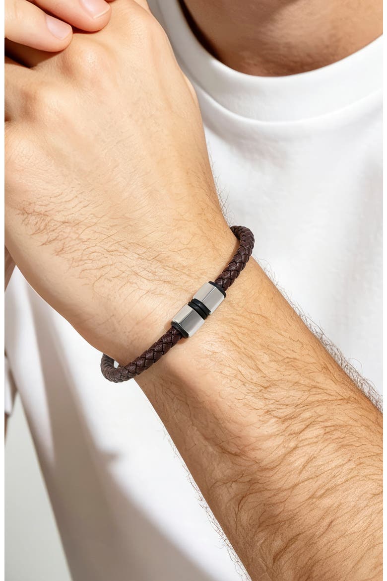 Men's Braided Leather Bracelet, Alternate, color, BROWN