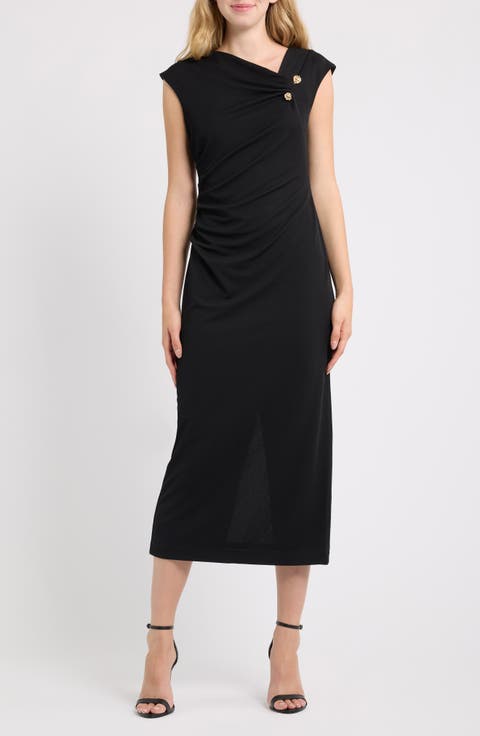 Asymmetric Draped Neck Midi Dress