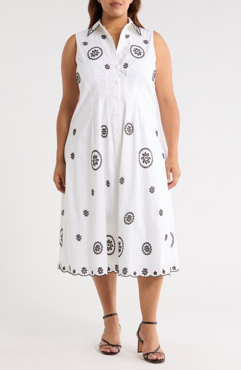 Embroidered Eyelet Sleeveless Stretch Cotton Dress (Plus)