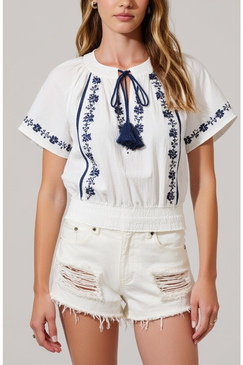 Short-Sleeve Embroidered Peasant Blouse, Alternate, color, White / Blue