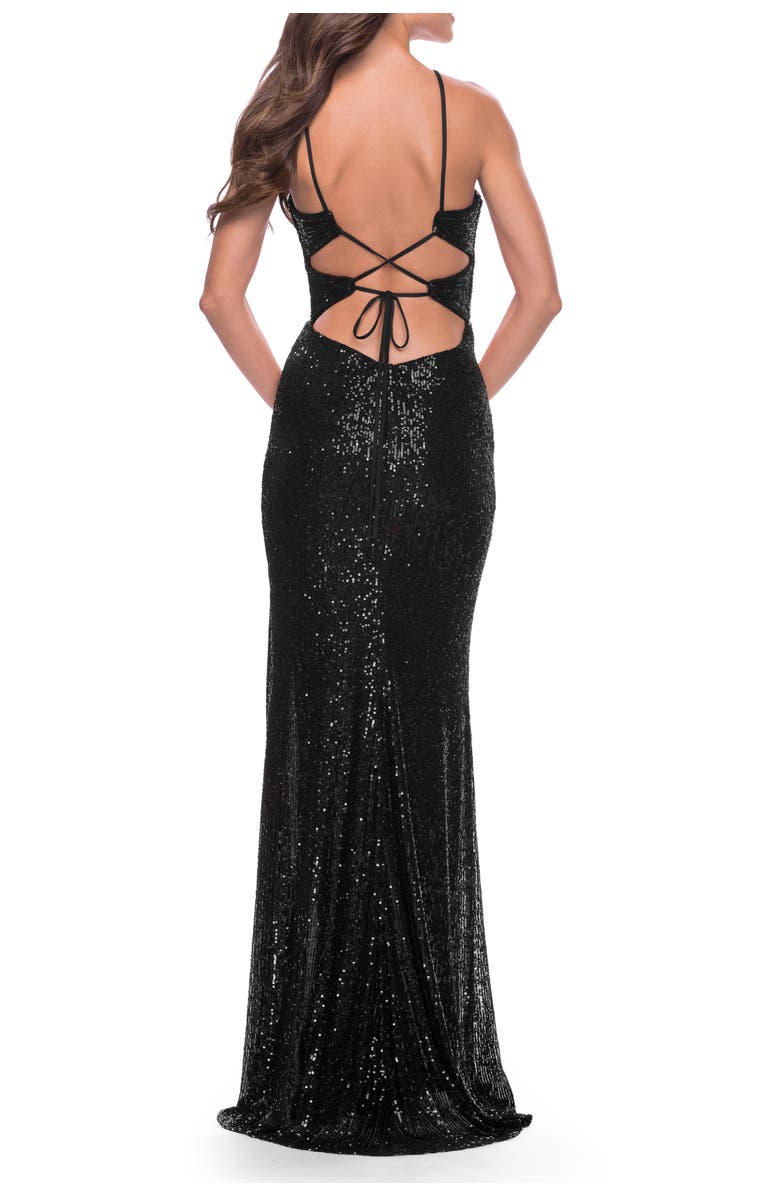 La Femme Stretch Sequin Dress with Unique Front Cut Outs, Alternate, color, Black