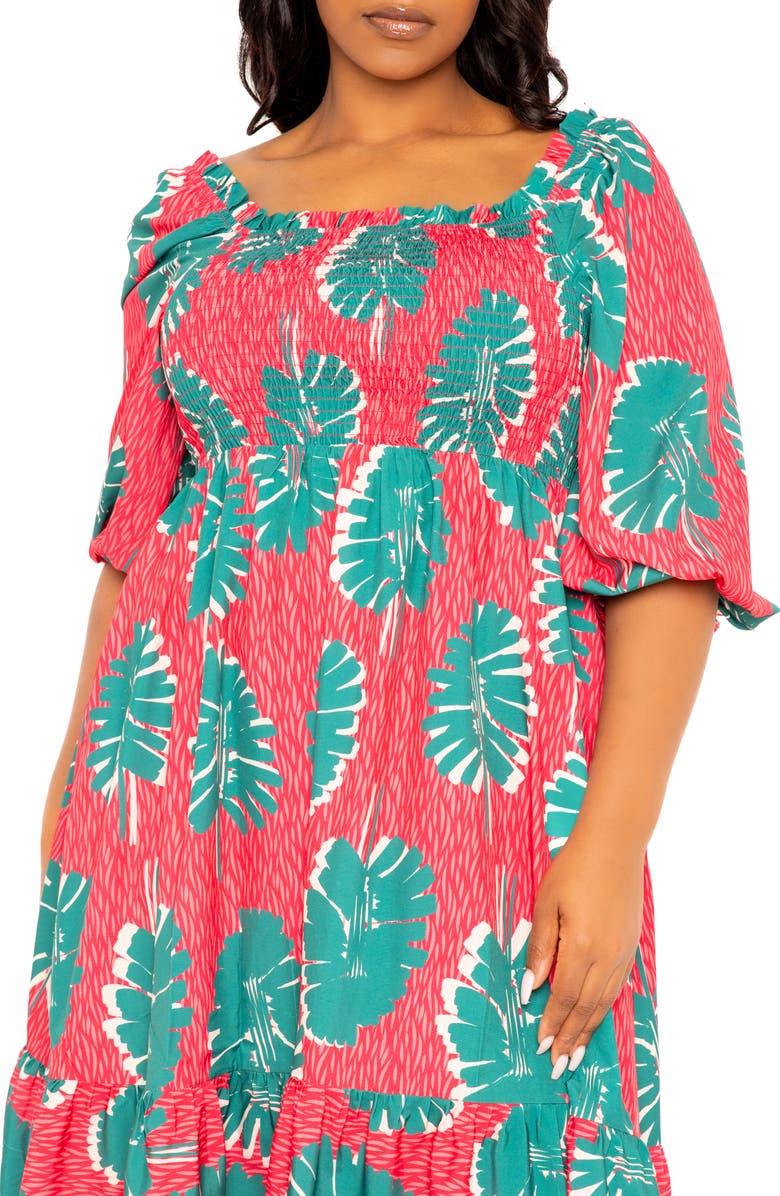 BUXOM COUTURE Print Smocked Midi Dress, Alternate, color, Pink Multi