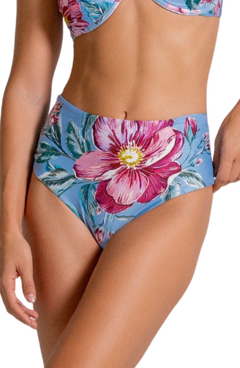 Cosita Linda Beaded High Waist Tie Back Bikini Bottoms, Main, color, Multi Blue