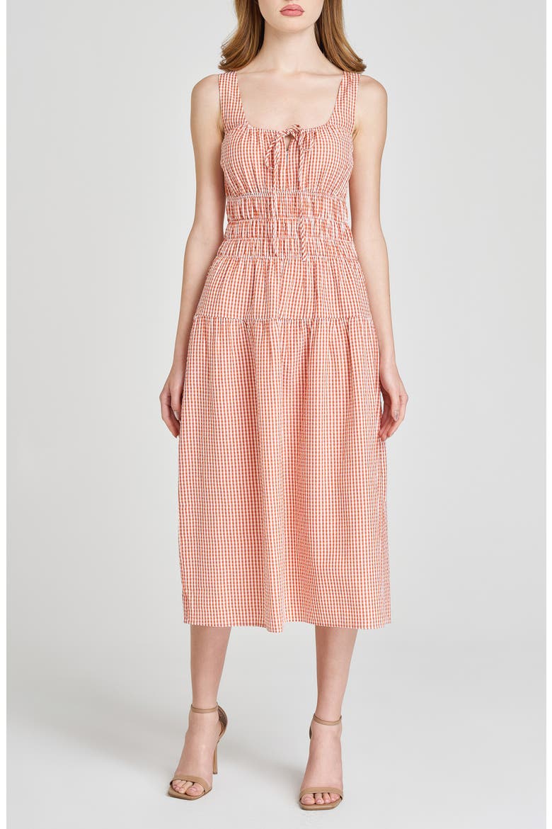 x Styled by COCO! Nina Smock Waist Seersucker Midi Dress, Main, color, CLAY SEERSUCKER