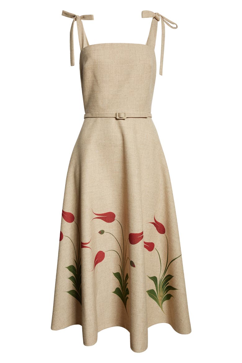 Marbled Tulip Print Belted Midi Sundress, Alternate, color, LINEN/ RED