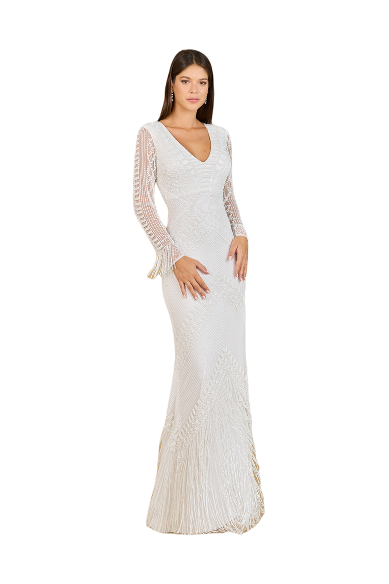 Long Sleeve Fringe Bridal Gown, Main, color, Ivory