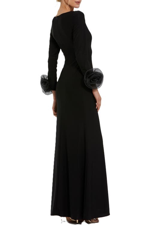 Mac Duggal Long Sleeve Fitted Jersey Gown With 3d Flowers In Black