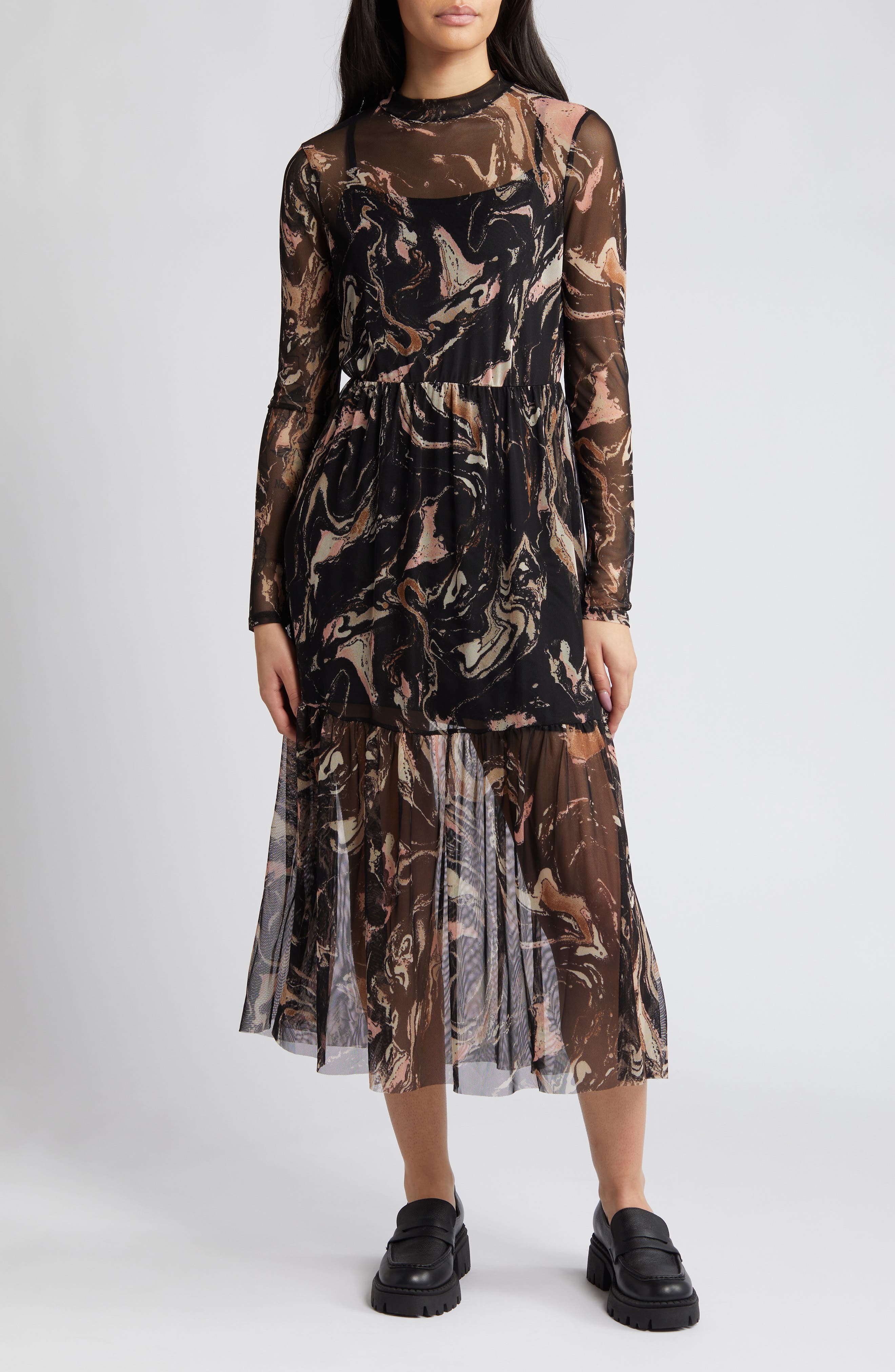 Marble Long Sleeve Mesh Midi Dress