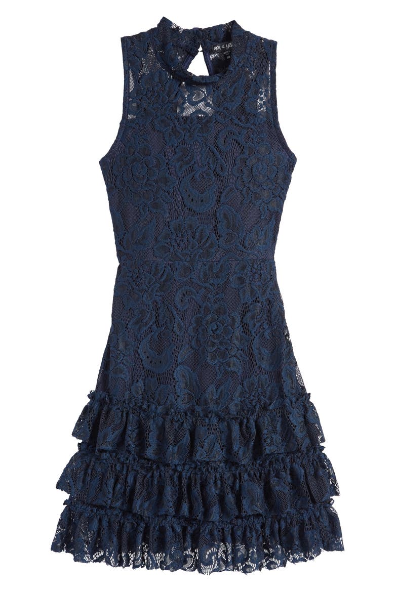 Kids' Chacha Lace Overlay Party Dress, Main, color, NAVY
