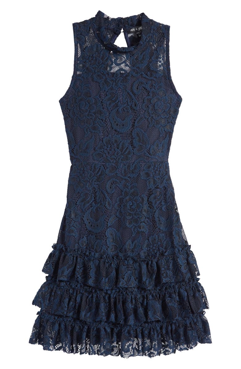 Ava & Yelly Kids' Chacha Lace Overlay Party Dress, Main, color, Navy