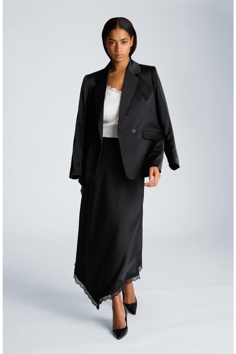 Asymmetric Lace Trim Satin Midi Skirt, Alternate, color, BLACK