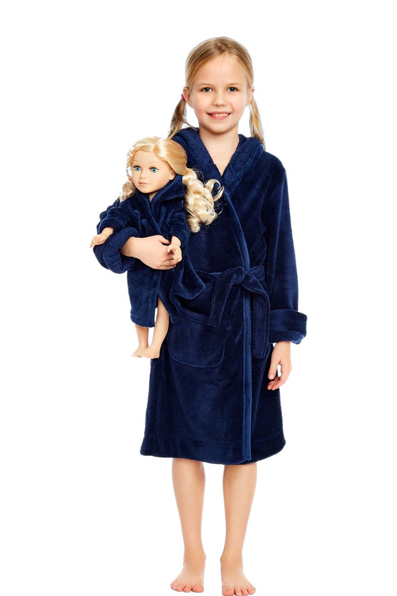 Girls Fleece Hooded Robe with Matching Doll Robe, Alternate, color, Navy