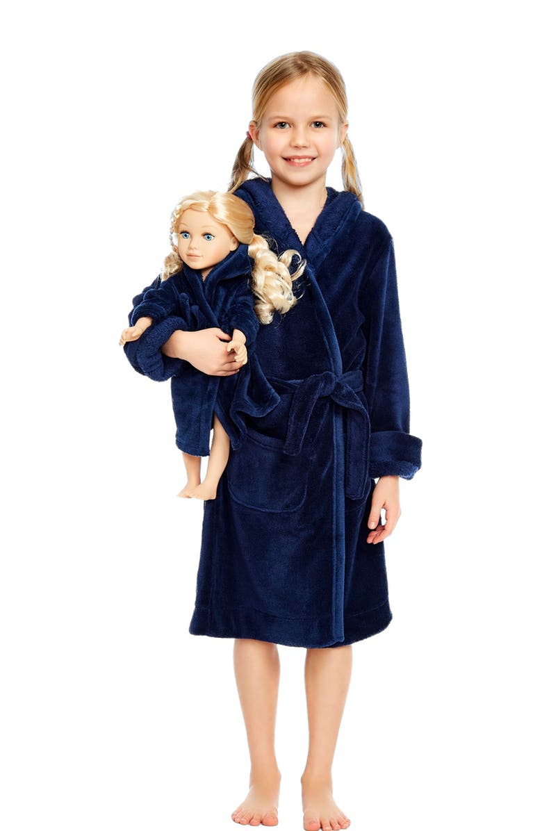 Leveret Girls Fleece Hooded Robe with Matching Doll Robe, Main, color, Navy