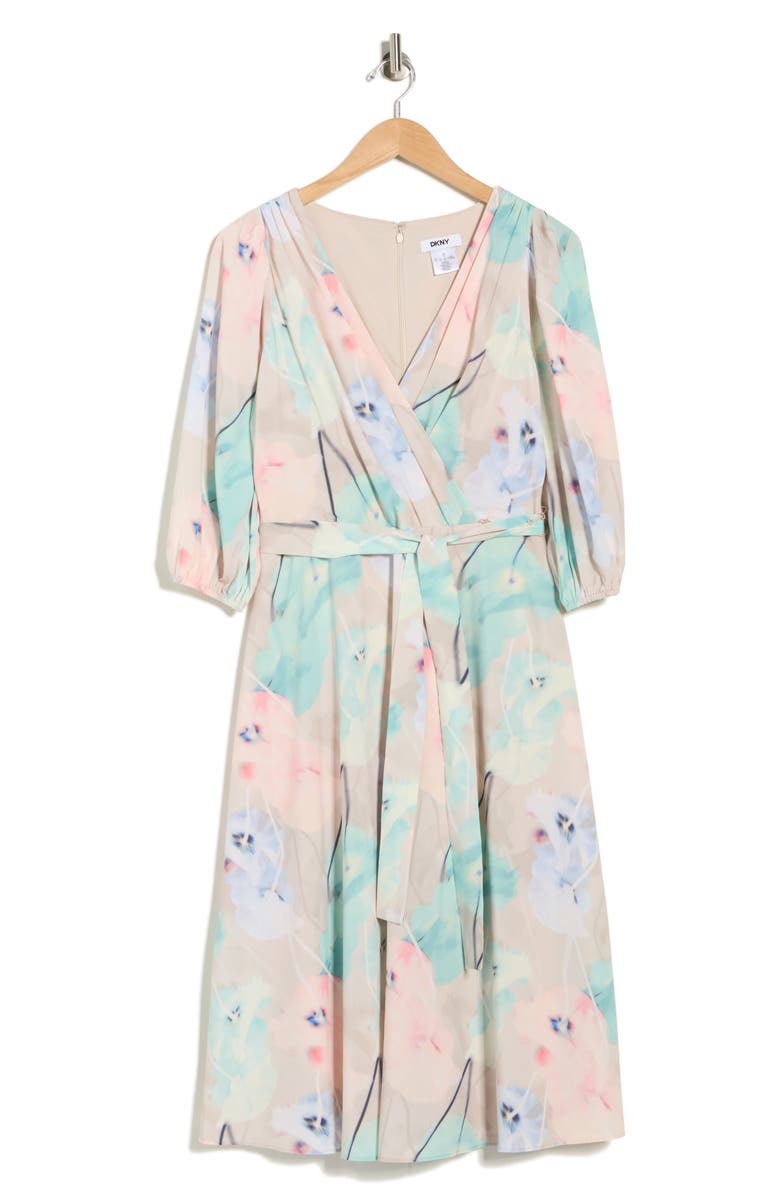 DKNY Balloon Sleeve Faux Wrap Midi Dress, Alternate, color, Hudson Floral Moonlight Multi