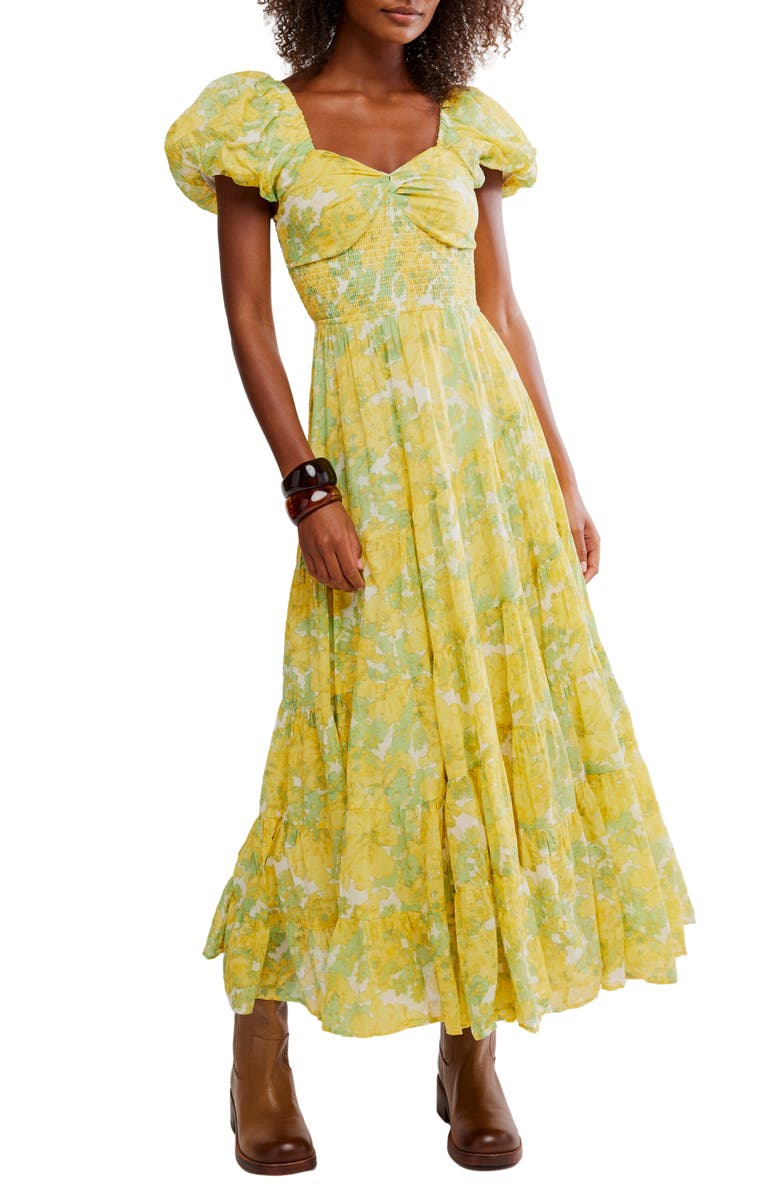 Free People Sundrenched Floral Tiered Maxi Sundress, Alternate, color, Butter Combo