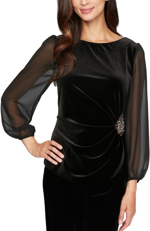 Ruched Sheer Sleeve Velvet Top