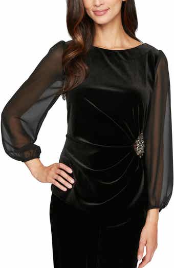 Ruched Sheer Sleeve Velvet Top