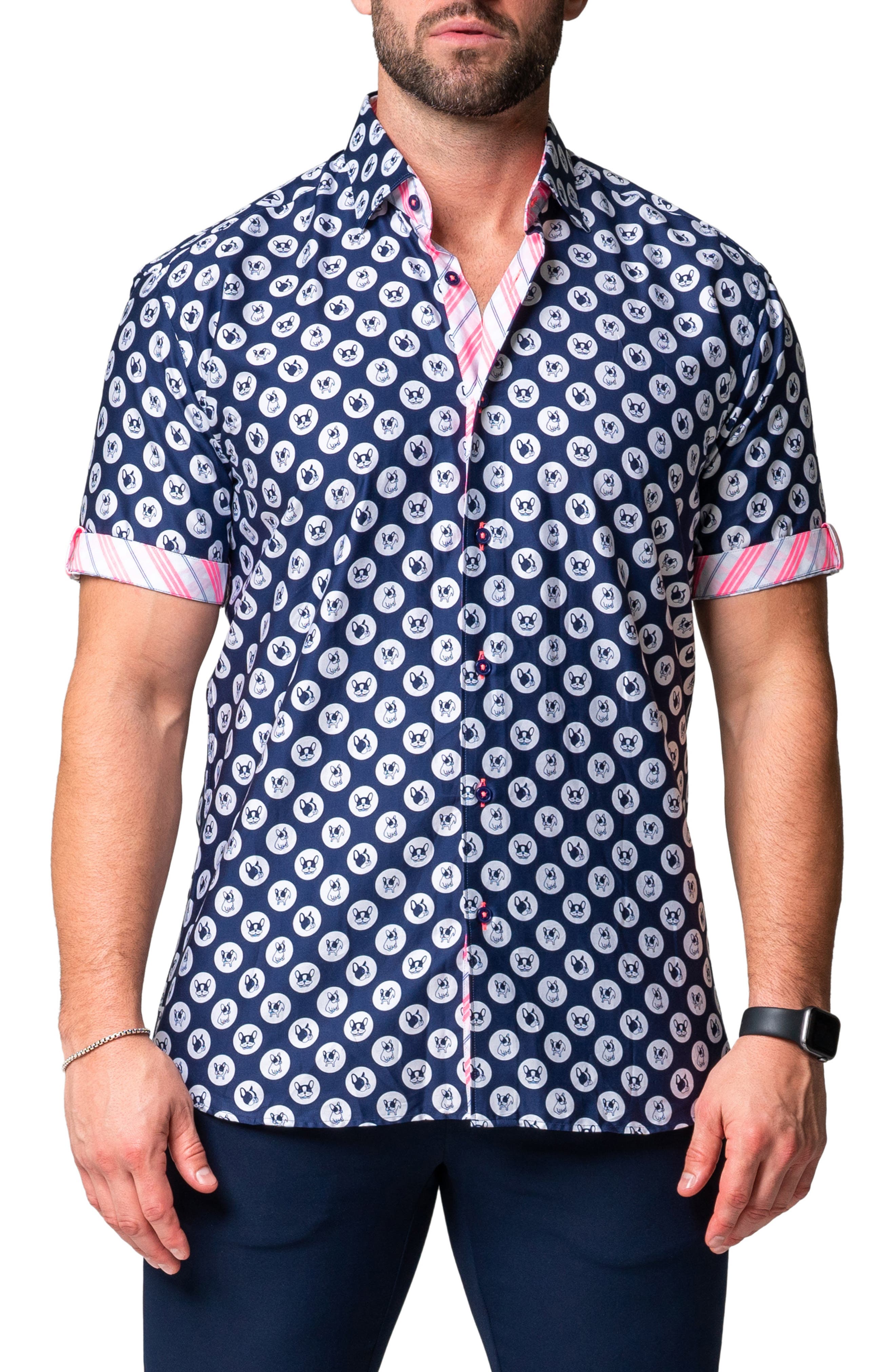 Maceoo Galileo Dogdot Blue Stretch Short Sleeve Button-Up Shirt