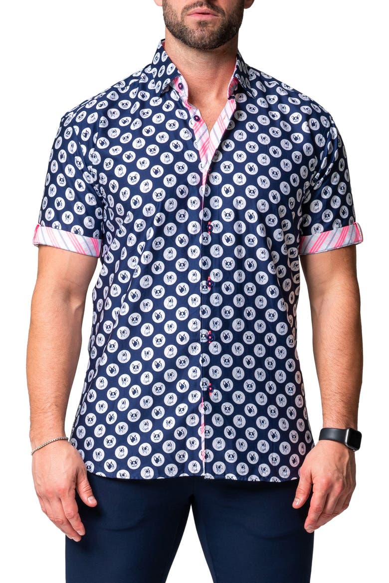 Galileo Dogdot Blue Stretch Short Sleeve Button-Up Shirt, Main, color, BLUE