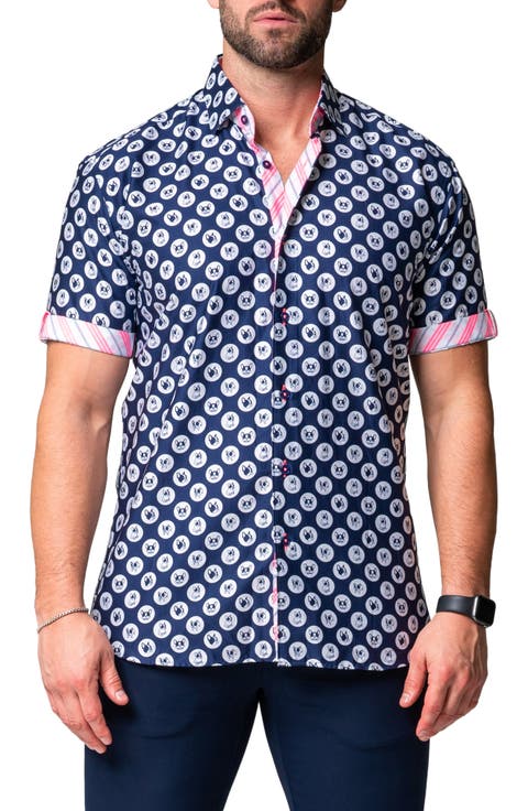 Galileo Dogdot Blue Stretch Short Sleeve Button-Up Shirt