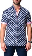 Maceoo Galileo Dogdot Blue Stretch Short Sleeve Button-Up Shirt