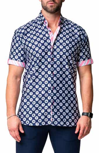 Maceoo Galileo Dogdot Blue Stretch Short Sleeve Button-Up Shirt