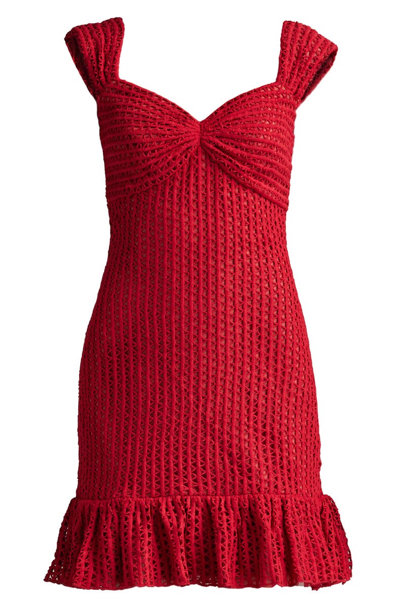 SHO by Tadashi Shoji Open Stitch Ruffle Hem Cocktail Dress, Alternate, color, Rouge