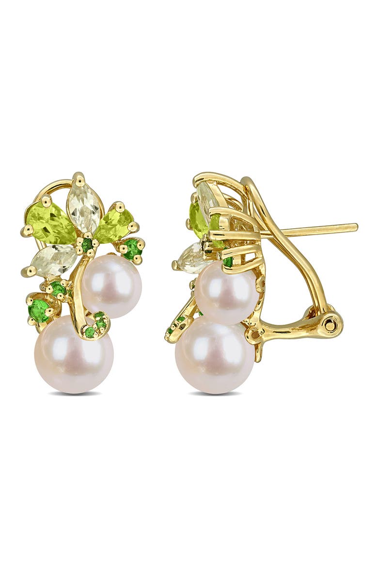 6-8.5mm Cultured Freshwater Pearl & Gemstone Cluster Earrings, Main, color, GREEN