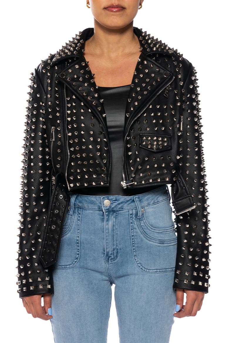 Studded Belted Faux Leather Moto Jacket, Main, color, BLACK