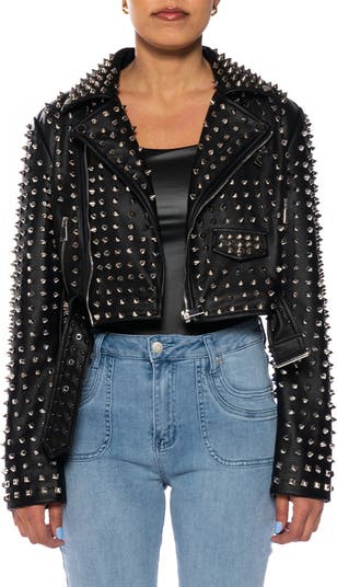 AZALEA WANG Studded Belted Faux Leather Moto Jacket | Nordstrom