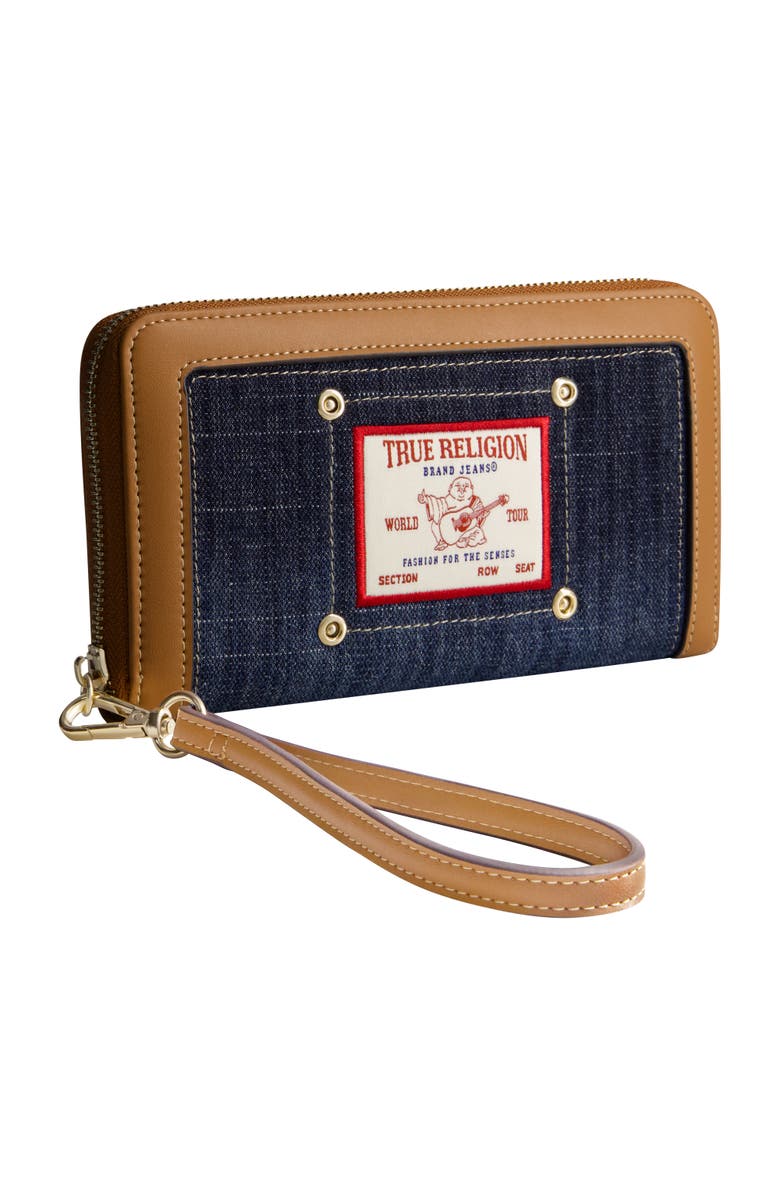 True Religion Buddha Patch Zip Around Wristlet, Alternate, color, Dark Denim