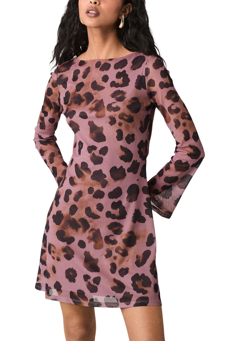 Animal Long Sleeve Mesh Minidress, Main, color, PINK